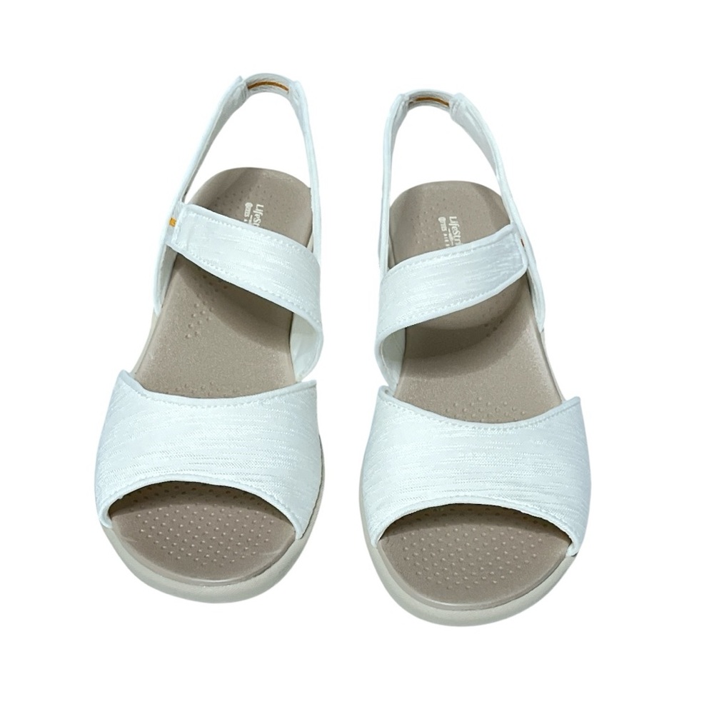 Life Stride Women’s Cheerful White Fabric Sandals with Wide Strap Sz 9 US